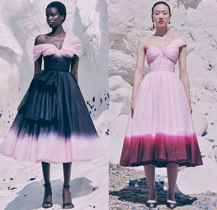 Alexander McQueen 2021 Resort Cruise Pre-Spring Womens Lookbook Presentation - Overprinted Overdyed Renewed Hybrid Deconstructed Dip-Dye Dégradé Ombré Tailored Tuxedo Jacket Blazer Pantsuit Lapelsash Peplum Silk Satin Sash Bow Ribbon Draped Flowers Floral Roses Off Shoulder Tiered Ruffles Asymmetrical Sketchbook Drawings Sheer Tulle Trench Coat Dress Patchwork Herringbone Check Motorcycle Biker Leather Zippers Lace Embroidery Poufy Puff Sleeves Stripes Gown Capelet Corset Handbag Clutch