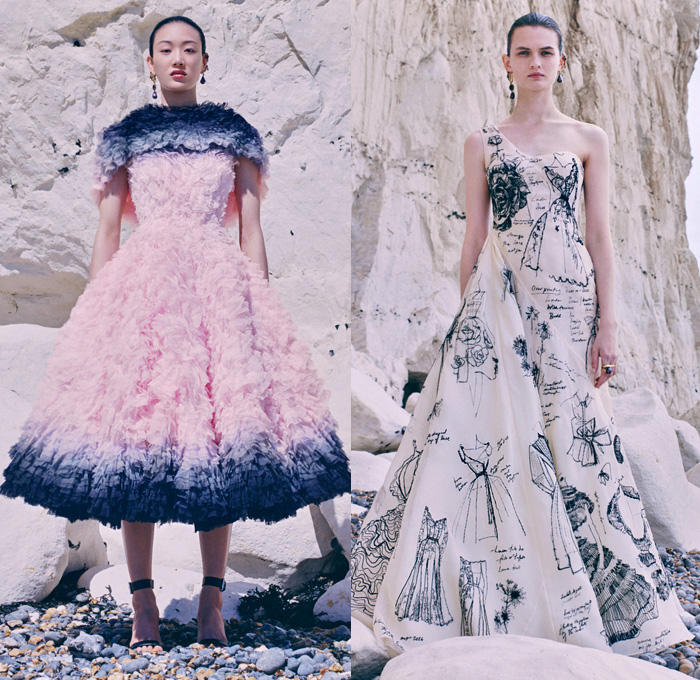 Alexander McQueen 2021 Resort Cruise Pre-Spring Womens Lookbook Presentation - Overprinted Overdyed Renewed Hybrid Deconstructed Dip-Dye Dégradé Ombré Tailored Tuxedo Jacket Blazer Pantsuit Lapelsash Peplum Silk Satin Sash Bow Ribbon Draped Flowers Floral Roses Off Shoulder Tiered Ruffles Asymmetrical Sketchbook Drawings Sheer Tulle Trench Coat Dress Patchwork Herringbone Check Motorcycle Biker Leather Zippers Lace Embroidery Poufy Puff Sleeves Stripes Gown Capelet Corset Handbag Clutch