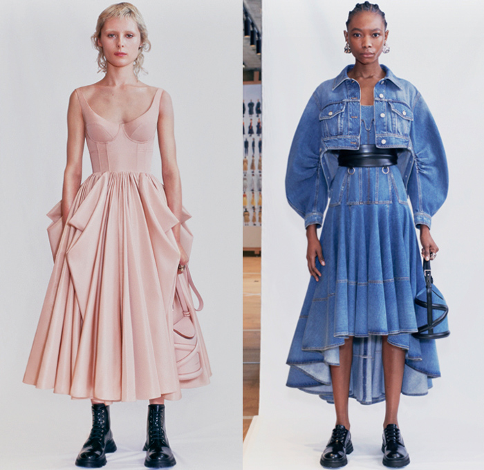 Alexander McQueen 2021 Spring Summer Womens Lookbook Presentation – Patchwork Denim Jeans Deconstructed Dress Strapless Corset Shapewear Bustier Exploded Tutu Skirt Sheer Tulle Mullet High-Low Hem Crop Top Midriff Jacket Blazerdress Pantsuit Leg of Mutton Shoulders Poufy Puff Sleeves Coat Drawstring Cinch Motorcycle Biker Leather Belts Straps Zipper Knit Sweater Pleats Draped Print Scans Lace Embroidery Needlework Tiered Voluminous Ruffles Check Handbag Purse Clutch Military Boots