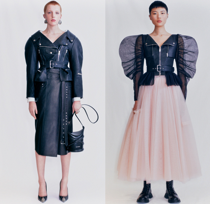 Alexander McQueen 2021 Spring Summer Womens Lookbook Presentation – Patchwork Denim Jeans Deconstructed Dress Strapless Corset Shapewear Bustier Exploded Tutu Skirt Sheer Tulle Mullet High-Low Hem Crop Top Midriff Jacket Blazerdress Pantsuit Leg of Mutton Shoulders Poufy Puff Sleeves Coat Drawstring Cinch Motorcycle Biker Leather Belts Straps Zipper Knit Sweater Pleats Draped Print Scans Lace Embroidery Needlework Tiered Voluminous Ruffles Check Handbag Purse Clutch Military Boots