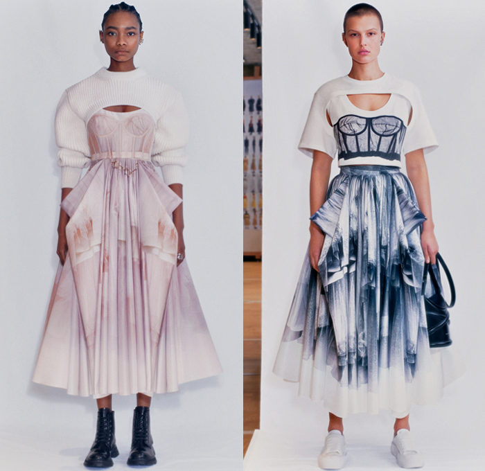 Alexander McQueen 2021 Spring Summer Womens Lookbook Presentation – Patchwork Denim Jeans Deconstructed Dress Strapless Corset Shapewear Bustier Exploded Tutu Skirt Sheer Tulle Mullet High-Low Hem Crop Top Midriff Jacket Blazerdress Pantsuit Leg of Mutton Shoulders Poufy Puff Sleeves Coat Drawstring Cinch Motorcycle Biker Leather Belts Straps Zipper Knit Sweater Pleats Draped Print Scans Lace Embroidery Needlework Tiered Voluminous Ruffles Check Handbag Purse Clutch Military Boots