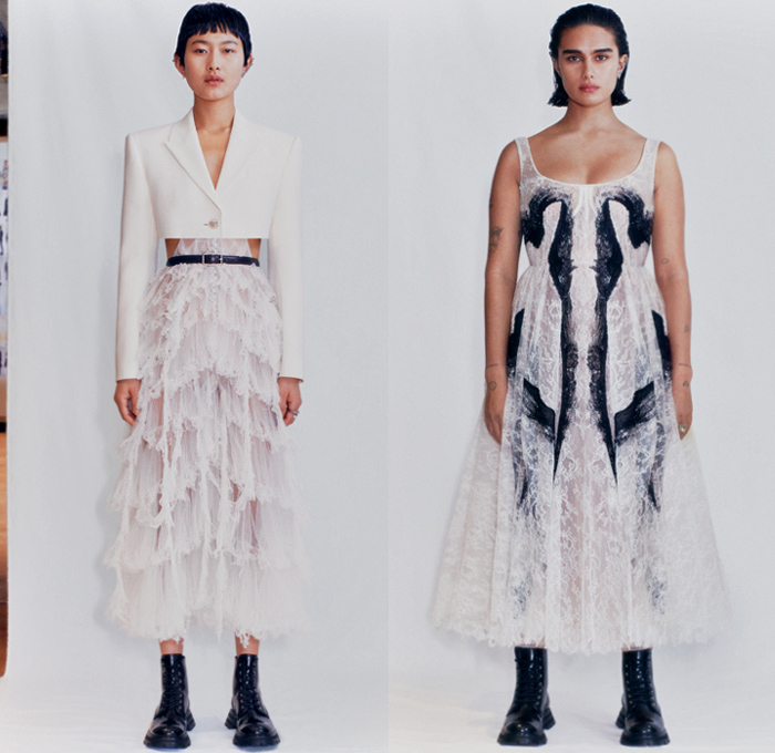 Alexander McQueen 2021 Spring Summer Womens Lookbook Presentation – Patchwork Denim Jeans Deconstructed Dress Strapless Corset Shapewear Bustier Exploded Tutu Skirt Sheer Tulle Mullet High-Low Hem Crop Top Midriff Jacket Blazerdress Pantsuit Leg of Mutton Shoulders Poufy Puff Sleeves Coat Drawstring Cinch Motorcycle Biker Leather Belts Straps Zipper Knit Sweater Pleats Draped Print Scans Lace Embroidery Needlework Tiered Voluminous Ruffles Check Handbag Purse Clutch Military Boots