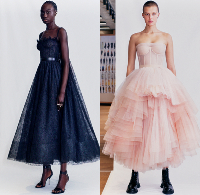 Alexander McQueen 2021 Spring Summer Womens Lookbook Presentation – Patchwork Denim Jeans Deconstructed Dress Strapless Corset Shapewear Bustier Exploded Tutu Skirt Sheer Tulle Mullet High-Low Hem Crop Top Midriff Jacket Blazerdress Pantsuit Leg of Mutton Shoulders Poufy Puff Sleeves Coat Drawstring Cinch Motorcycle Biker Leather Belts Straps Zipper Knit Sweater Pleats Draped Print Scans Lace Embroidery Needlework Tiered Voluminous Ruffles Check Handbag Purse Clutch Military Boots