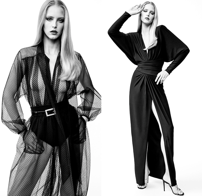 Alexandre Vauthier 2021 Spring Summer Womens Lookbook Presentation - Mode à Paris Fashion Week France - Studio 54 Disco Metallic Gold Lamé Duchess Satin Tiered Ruffles Blouse Strapless Open Shoulders Sheer Tulle Polka Dots Unitard Trench Coat Sash Waist Wrap Draped Noodle Spaghetti Strap Onesie Jumpsuit Coveralls Tiger Stripes Bedazzled Sequins Pencil Skirt Maxi Dress Paper Bag Waist Hotpants Baggy Loose Tucked Pants Boots
