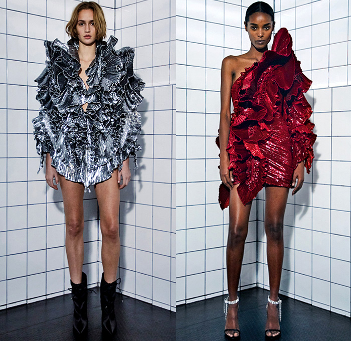 Alexandre Vauthier 2021 Spring Womens Lookbook Presentation - Haute Couture Avant Garde High Fashion - Le Palace Disco Sculpture Ruffles Tiered Layers Metallic Silver Butterfly Shoulders Accordion Pleats Bedazzled Sequins Crystals Beads Studs Onesie Jumpsuit Coveralls Silk Satin Halterneck Tied Knot Bird Feathers Fringes Cinch Vest One Shoulder Party Cocktail Damsel Dress High Slit Tights Stockings Tucked In Baggy Tapered Pants Flare Boots Beret
