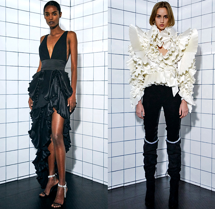 Alexandre Vauthier 2021 Spring Womens Lookbook Presentation - Haute Couture Avant Garde High Fashion - Le Palace Disco Sculpture Ruffles Tiered Layers Metallic Silver Butterfly Shoulders Accordion Pleats Bedazzled Sequins Crystals Beads Studs Onesie Jumpsuit Coveralls Silk Satin Halterneck Tied Knot Bird Feathers Fringes Cinch Vest One Shoulder Party Cocktail Damsel Dress High Slit Tights Stockings Tucked In Baggy Tapered Pants Flare Boots Beret