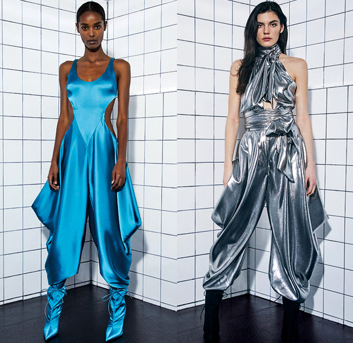 Alexandre Vauthier 2021 Spring Womens Lookbook Presentation - Haute Couture Avant Garde High Fashion - Le Palace Disco Sculpture Ruffles Tiered Layers Metallic Silver Butterfly Shoulders Accordion Pleats Bedazzled Sequins Crystals Beads Studs Onesie Jumpsuit Coveralls Silk Satin Halterneck Tied Knot Bird Feathers Fringes Cinch Vest One Shoulder Party Cocktail Damsel Dress High Slit Tights Stockings Tucked In Baggy Tapered Pants Flare Boots Beret