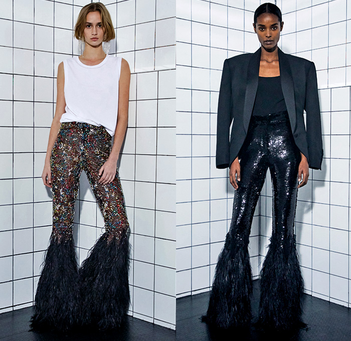 Alexandre Vauthier 2021 Spring Womens Lookbook Presentation - Haute Couture Avant Garde High Fashion - Le Palace Disco Sculpture Ruffles Tiered Layers Metallic Silver Butterfly Shoulders Accordion Pleats Bedazzled Sequins Crystals Beads Studs Onesie Jumpsuit Coveralls Silk Satin Halterneck Tied Knot Bird Feathers Fringes Cinch Vest One Shoulder Party Cocktail Damsel Dress High Slit Tights Stockings Tucked In Baggy Tapered Pants Flare Boots Beret