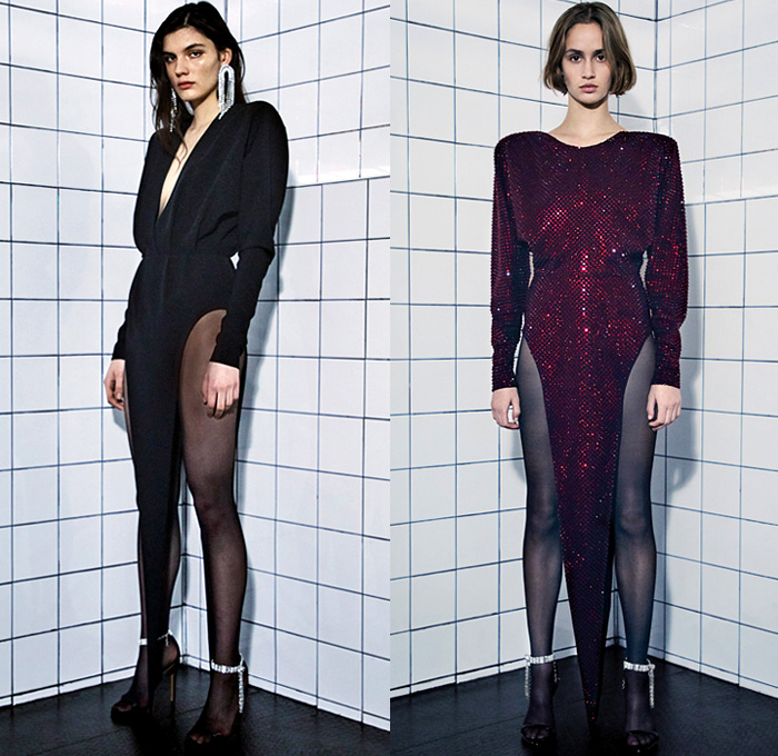 Alexandre Vauthier 2021 Spring Womens Lookbook Presentation - Haute Couture Avant Garde High Fashion - Le Palace Disco Sculpture Ruffles Tiered Layers Metallic Silver Butterfly Shoulders Accordion Pleats Bedazzled Sequins Crystals Beads Studs Onesie Jumpsuit Coveralls Silk Satin Halterneck Tied Knot Bird Feathers Fringes Cinch Vest One Shoulder Party Cocktail Damsel Dress High Slit Tights Stockings Tucked In Baggy Tapered Pants Flare Boots Beret