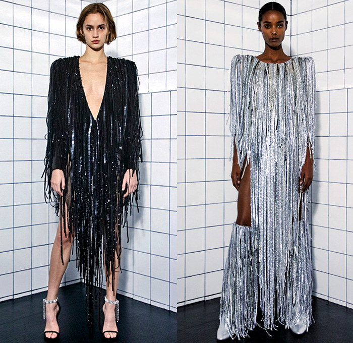 Alexandre Vauthier 2021 Spring Womens Lookbook Presentation - Haute Couture Avant Garde High Fashion - Le Palace Disco Sculpture Ruffles Tiered Layers Metallic Silver Butterfly Shoulders Accordion Pleats Bedazzled Sequins Crystals Beads Studs Onesie Jumpsuit Coveralls Silk Satin Halterneck Tied Knot Bird Feathers Fringes Cinch Vest One Shoulder Party Cocktail Damsel Dress High Slit Tights Stockings Tucked In Baggy Tapered Pants Flare Boots Beret