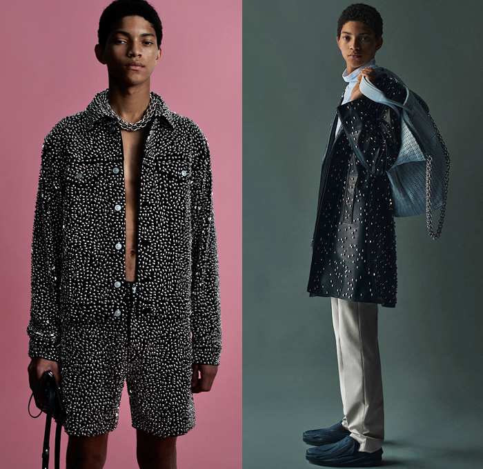 1017 ALYX 9SM by Matthew Williams 2021 Spring Summer Mens Lookbook Presentation - New York Fashion Week NYFW - Sleeveless Vest Cargo Utility Pockets Metal Studs Bedazzled Adorned Chain Jeans Jacket Coat Quilted Puffer Vest Tabard Cap Sleeve Armor Snakeskin Reptile Boots Slip-Ons Knit Crochet Mesh Tote Bag