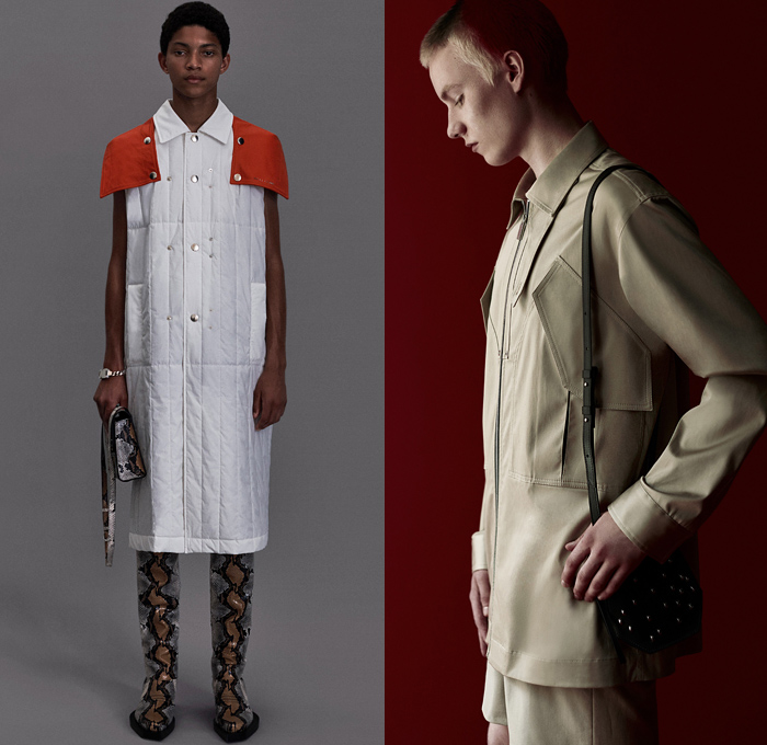 1017 ALYX 9SM by Matthew Williams 2021 Spring Summer Mens Lookbook Presentation - New York Fashion Week NYFW - Sleeveless Vest Cargo Utility Pockets Metal Studs Bedazzled Adorned Chain Jeans Jacket Coat Quilted Puffer Vest Tabard Cap Sleeve Armor Snakeskin Reptile Boots Slip-Ons Knit Crochet Mesh Tote Bag