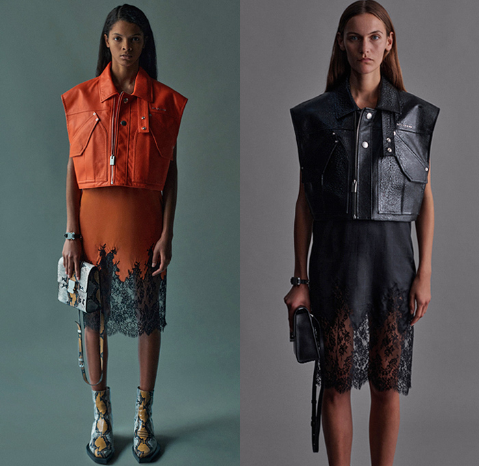 1017 ALYX 9SM by Matthew Williams 2021 Spring Summer Womens Lookbook Presentation - New York Fashion Week NYFW - Sleeveless Vest Cargo Utility Pockets Lace Sheer Tulle Mesh Embroidery Harness Strings Knit Bib Rods Metal Studs Adorned Bedazzled Coat Jeans Jacket Quilted Puffer Tabard Armor Cap Sleeve Reptile Snakeskin Tied Knot Chain Asymmetrical Closure Draped Noodle Strap Dress Pantsuit Slip-Ons Boots Handbag Knit Crochet Tote Canister