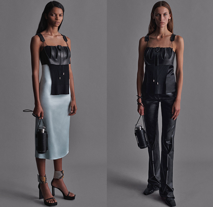 1017 ALYX 9SM by Matthew Williams 2021 Spring Summer Womens Lookbook Presentation - New York Fashion Week NYFW - Sleeveless Vest Cargo Utility Pockets Lace Sheer Tulle Mesh Embroidery Harness Strings Knit Bib Rods Metal Studs Adorned Bedazzled Coat Jeans Jacket Quilted Puffer Tabard Armor Cap Sleeve Reptile Snakeskin Tied Knot Chain Asymmetrical Closure Draped Noodle Strap Dress Pantsuit Slip-Ons Boots Handbag Knit Crochet Tote Canister