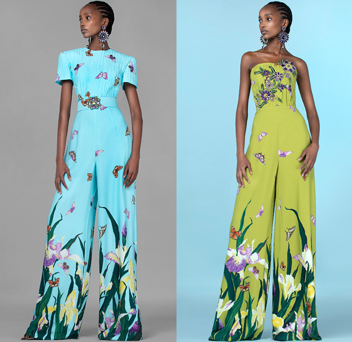 Andrew Gn 2021 Spring Summer Womens Lookbook Presentation - May There Be Light - Flowers Floral Daffodil Plants Butterflies Accordion Pleats Strapless Pads Poufy Shoulders Puff Sleeves Mockneck Blouse Cape Pellegrina Damsel Prairie Dress Puritan Collar Lace Eyelets Tweed Bedazzled Gems Jewels Crystals Beads Embroidery Gown Cutout Denim Jeans Jacket Blazer Coat Broche Sheer Tulle Knit Fringes Wide Leg Palazzo Pants Cutoffs Shorts Scarf Snakeskin Leather Boots Handbag