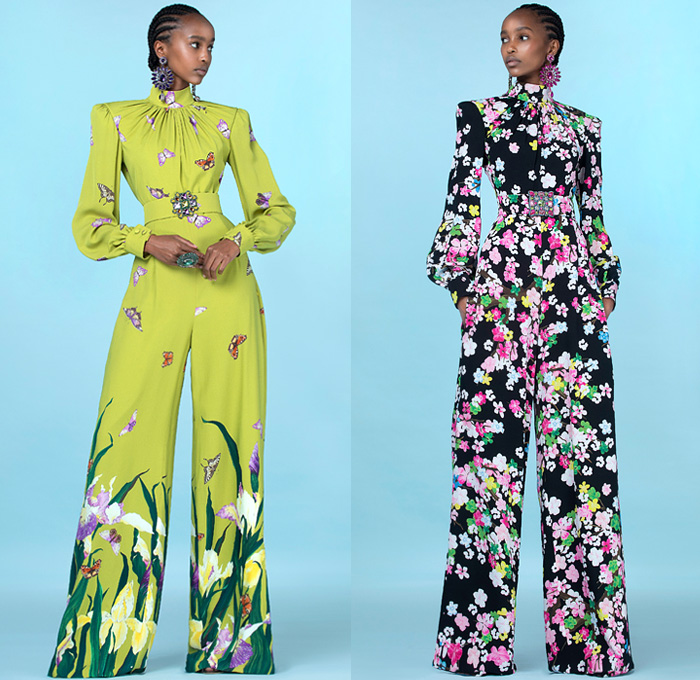 Andrew Gn 2021 Spring Summer Womens Lookbook Presentation - May There Be Light - Flowers Floral Daffodil Plants Butterflies Accordion Pleats Strapless Pads Poufy Shoulders Puff Sleeves Mockneck Blouse Cape Pellegrina Damsel Prairie Dress Puritan Collar Lace Eyelets Tweed Bedazzled Gems Jewels Crystals Beads Embroidery Gown Cutout Denim Jeans Jacket Blazer Coat Broche Sheer Tulle Knit Fringes Wide Leg Palazzo Pants Cutoffs Shorts Scarf Snakeskin Leather Boots Handbag