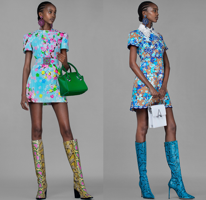 Andrew Gn 2021 Spring Summer Womens Lookbook Presentation - May There Be Light - Flowers Floral Daffodil Plants Butterflies Accordion Pleats Strapless Pads Poufy Shoulders Puff Sleeves Mockneck Blouse Cape Pellegrina Damsel Prairie Dress Puritan Collar Lace Eyelets Tweed Bedazzled Gems Jewels Crystals Beads Embroidery Gown Cutout Denim Jeans Jacket Blazer Coat Broche Sheer Tulle Knit Fringes Wide Leg Palazzo Pants Cutoffs Shorts Scarf Snakeskin Leather Boots Handbag