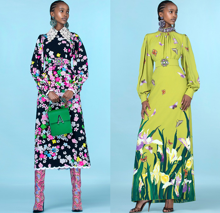 Andrew Gn 2021 Spring Summer Womens Lookbook Presentation - May There Be Light - Flowers Floral Daffodil Plants Butterflies Accordion Pleats Strapless Pads Poufy Shoulders Puff Sleeves Mockneck Blouse Cape Pellegrina Damsel Prairie Dress Puritan Collar Lace Eyelets Tweed Bedazzled Gems Jewels Crystals Beads Embroidery Gown Cutout Denim Jeans Jacket Blazer Coat Broche Sheer Tulle Knit Fringes Wide Leg Palazzo Pants Cutoffs Shorts Scarf Snakeskin Leather Boots Handbag