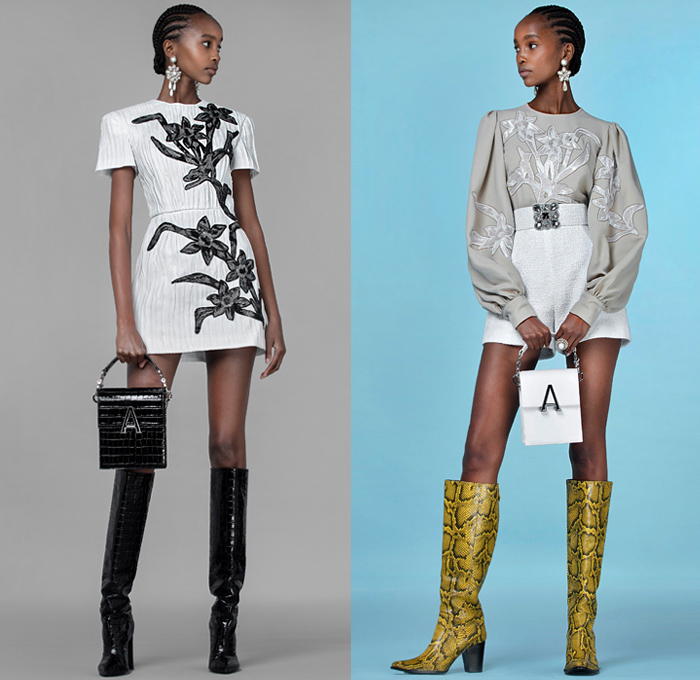 Andrew Gn 2021 Spring Summer Womens Lookbook Presentation - May There Be Light - Flowers Floral Daffodil Plants Butterflies Accordion Pleats Strapless Pads Poufy Shoulders Puff Sleeves Mockneck Blouse Cape Pellegrina Damsel Prairie Dress Puritan Collar Lace Eyelets Tweed Bedazzled Gems Jewels Crystals Beads Embroidery Gown Cutout Denim Jeans Jacket Blazer Coat Broche Sheer Tulle Knit Fringes Wide Leg Palazzo Pants Cutoffs Shorts Scarf Snakeskin Leather Boots Handbag