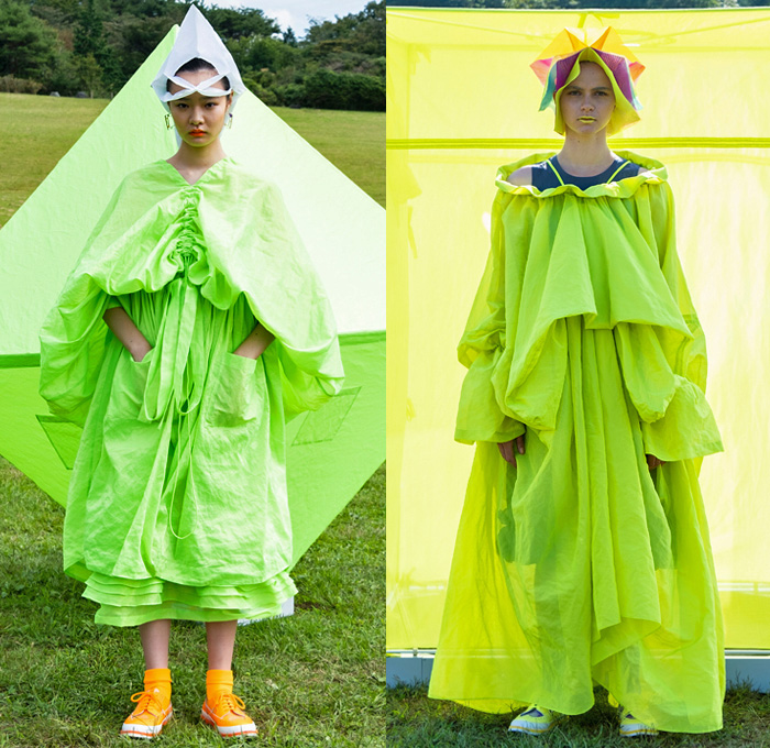 ANREALAGE 2021 Spring Summer Womens Lookbook Presentation - Mode à Paris Fashion Week France - Kunihiko Morinaga - Home - Geometric Polyhedron Sculpture Tent Camp Parachute Anti-Viral Fabric Tiered Ruffles Oversized Trench Coat Cape Cloak Robe Dress Straps Strings Bright Neon Colors Draped Cinch Puff Ball Asymmetrical Buttons Colorblock Carnival Check Star Empress Headwear Handbag Tote Sneakers Brogues Plastic Boots