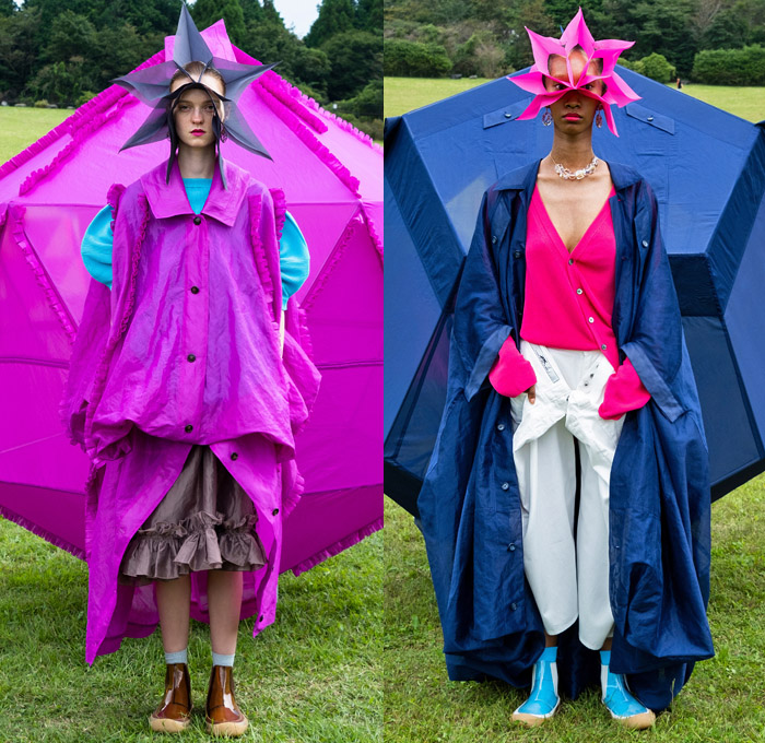 ANREALAGE 2021 Spring Summer Womens Lookbook Presentation - Mode à Paris Fashion Week France - Kunihiko Morinaga - Home - Geometric Polyhedron Sculpture Tent Camp Parachute Anti-Viral Fabric Tiered Ruffles Oversized Trench Coat Cape Cloak Robe Dress Straps Strings Bright Neon Colors Draped Cinch Puff Ball Asymmetrical Buttons Colorblock Carnival Check Star Empress Headwear Handbag Tote Sneakers Brogues Plastic Boots