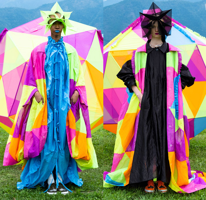 ANREALAGE 2021 Spring Summer Womens Lookbook Presentation - Mode à Paris Fashion Week France - Kunihiko Morinaga - Home - Geometric Polyhedron Sculpture Tent Camp Parachute Anti-Viral Fabric Tiered Ruffles Oversized Trench Coat Cape Cloak Robe Dress Straps Strings Bright Neon Colors Draped Cinch Puff Ball Asymmetrical Buttons Colorblock Carnival Check Star Empress Headwear Handbag Tote Sneakers Brogues Plastic Boots