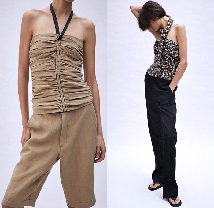 Bassike 2021 Resort Cruise Pre-Spring Womens Lookbook Presentation - Printed Wrapped Midi Shift Dress Tool Pockets Linen Halter Top Halterneck One Shoulder Blouse Cinch Pleats Knit Sweater Wide Collar Bleached Acid Wash Tie-Dye Shirtdress Onesie Shirtall Djellaba Tunic Tassels Stripes Patchwork Split Furisode Draped Sleeves Open Back Blazer Pantsuit Slouchy Flare Pants Leggings Shorts Slippers Australian Fashion