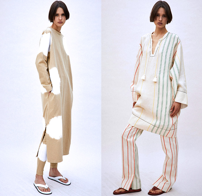 Bassike 2021 Resort Cruise Pre-Spring Womens Lookbook Presentation - Printed Wrapped Midi Shift Dress Tool Pockets Linen Halter Top Halterneck One Shoulder Blouse Cinch Pleats Knit Sweater Wide Collar Bleached Acid Wash Tie-Dye Shirtdress Onesie Shirtall Djellaba Tunic Tassels Stripes Patchwork Split Furisode Draped Sleeves Open Back Blazer Pantsuit Slouchy Flare Pants Leggings Shorts Slippers Australian Fashion