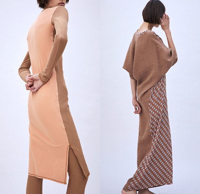 Bassike 2021 Resort Cruise Pre-Spring Womens Lookbook Presentation - Printed Wrapped Midi Shift Dress Tool Pockets Linen Halter Top Halterneck One Shoulder Blouse Cinch Pleats Knit Sweater Wide Collar Bleached Acid Wash Tie-Dye Shirtdress Onesie Shirtall Djellaba Tunic Tassels Stripes Patchwork Split Furisode Draped Sleeves Open Back Blazer Pantsuit Slouchy Flare Pants Leggings Shorts Slippers Australian Fashion