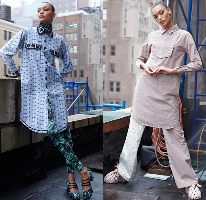 Batsheva 2021 Spring Summer Womens Lookbook Presentation - New York Fashion Week NYFW - Polka Dots Picnic Check Prairie Damsel Babydoll Dress Ruffles Knit Crochet Mesh Sweater Cardigan Vest Ribbon Straps Flowers Floral Patchwork Crop Top Midriff Blouse Poufy Shoulders Puff Sleeves Illustration Faces Shirtdress Tied Knots Embroidery Loungewear Sleepwear Onesie Jumpsuit Coveralls Vest Pussycat Bow Turtleneck Bell Sleeves Shoe Covers Umbrella