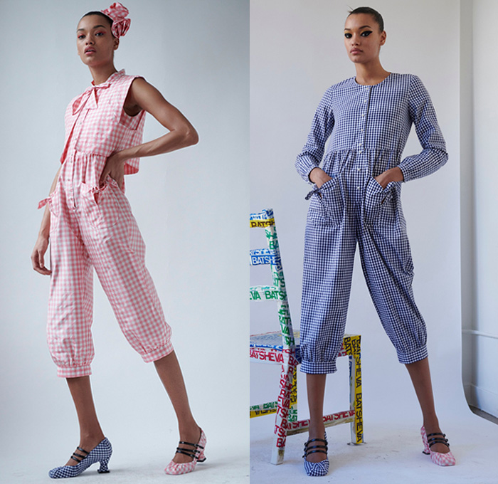 Batsheva 2021 Spring Summer Womens Lookbook Presentation - New York Fashion Week NYFW - Polka Dots Picnic Check Prairie Damsel Babydoll Dress Ruffles Knit Crochet Mesh Sweater Cardigan Vest Ribbon Straps Flowers Floral Patchwork Crop Top Midriff Blouse Poufy Shoulders Puff Sleeves Illustration Faces Shirtdress Tied Knots Embroidery Loungewear Sleepwear Onesie Jumpsuit Coveralls Vest Pussycat Bow Turtleneck Bell Sleeves Shoe Covers Umbrella