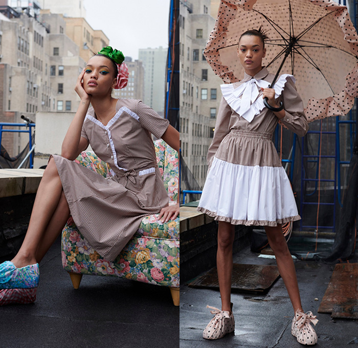 Batsheva 2021 Spring Summer Womens Lookbook Presentation - New York Fashion Week NYFW - Polka Dots Picnic Check Prairie Damsel Babydoll Dress Ruffles Knit Crochet Mesh Sweater Cardigan Vest Ribbon Straps Flowers Floral Patchwork Crop Top Midriff Blouse Poufy Shoulders Puff Sleeves Illustration Faces Shirtdress Tied Knots Embroidery Loungewear Sleepwear Onesie Jumpsuit Coveralls Vest Pussycat Bow Turtleneck Bell Sleeves Shoe Covers Umbrella