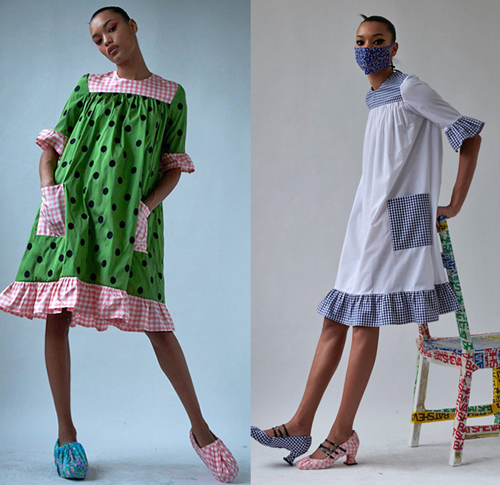 Batsheva 2021 Spring Summer Womens Lookbook Presentation - New York Fashion Week NYFW - Polka Dots Picnic Check Prairie Damsel Babydoll Dress Ruffles Knit Crochet Mesh Sweater Cardigan Vest Ribbon Straps Flowers Floral Patchwork Crop Top Midriff Blouse Poufy Shoulders Puff Sleeves Illustration Faces Shirtdress Tied Knots Embroidery Loungewear Sleepwear Onesie Jumpsuit Coveralls Vest Pussycat Bow Turtleneck Bell Sleeves Shoe Covers Umbrella