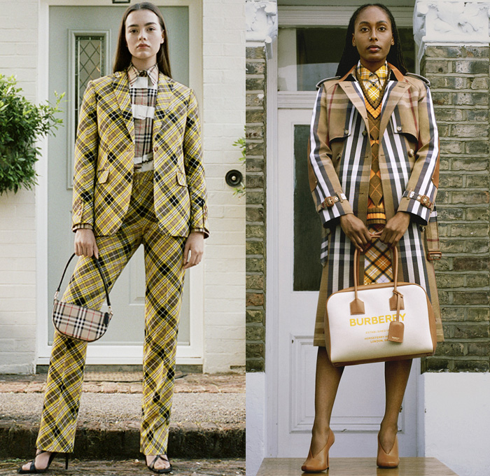 Burberry 2021 Resort Cruise Pre-Spring Womens Lookbook Presentation - Riccardo Tisci - Grain de Poudre Wool Pantsuit Draped Sheer Jersey Tied Gabardine Trench Coat English Roses Flowers Floral Graffiti Logo Satin Bomber Jacket Longline Shorts Culottes Houndstooth Check Plaid Argyle Knit Vest Long Sleeve Blouse Rope Accordion Pleats Poufy Shoulders Stripes Denim Jeans Cinch Waist Soft Cube Handbag Olympia Pouch Sandals Heels