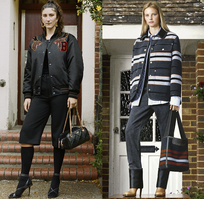 Burberry 2021 Resort Cruise Pre-Spring Womens Lookbook Presentation - Riccardo Tisci - Grain de Poudre Wool Pantsuit Draped Sheer Jersey Tied Gabardine Trench Coat English Roses Flowers Floral Graffiti Logo Satin Bomber Jacket Longline Shorts Culottes Houndstooth Check Plaid Argyle Knit Vest Long Sleeve Blouse Rope Accordion Pleats Poufy Shoulders Stripes Denim Jeans Cinch Waist Soft Cube Handbag Olympia Pouch Sandals Heels