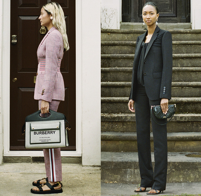 Burberry 2021 Resort Cruise Pre-Spring Womens Lookbook Presentation - Riccardo Tisci - Grain de Poudre Wool Pantsuit Draped Sheer Jersey Tied Gabardine Trench Coat English Roses Flowers Floral Graffiti Logo Satin Bomber Jacket Longline Shorts Culottes Houndstooth Check Plaid Argyle Knit Vest Long Sleeve Blouse Rope Accordion Pleats Poufy Shoulders Stripes Denim Jeans Cinch Waist Soft Cube Handbag Olympia Pouch Sandals Heels