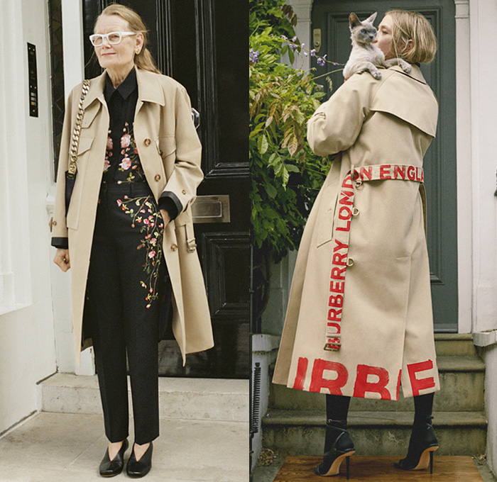 Burberry 2021 Resort Cruise Pre-Spring Womens Lookbook Presentation - Riccardo Tisci - Grain de Poudre Wool Pantsuit Draped Sheer Jersey Tied Gabardine Trench Coat English Roses Flowers Floral Graffiti Logo Satin Bomber Jacket Longline Shorts Culottes Houndstooth Check Plaid Argyle Knit Vest Long Sleeve Blouse Rope Accordion Pleats Poufy Shoulders Stripes Denim Jeans Cinch Waist Soft Cube Handbag Olympia Pouch Sandals Heels