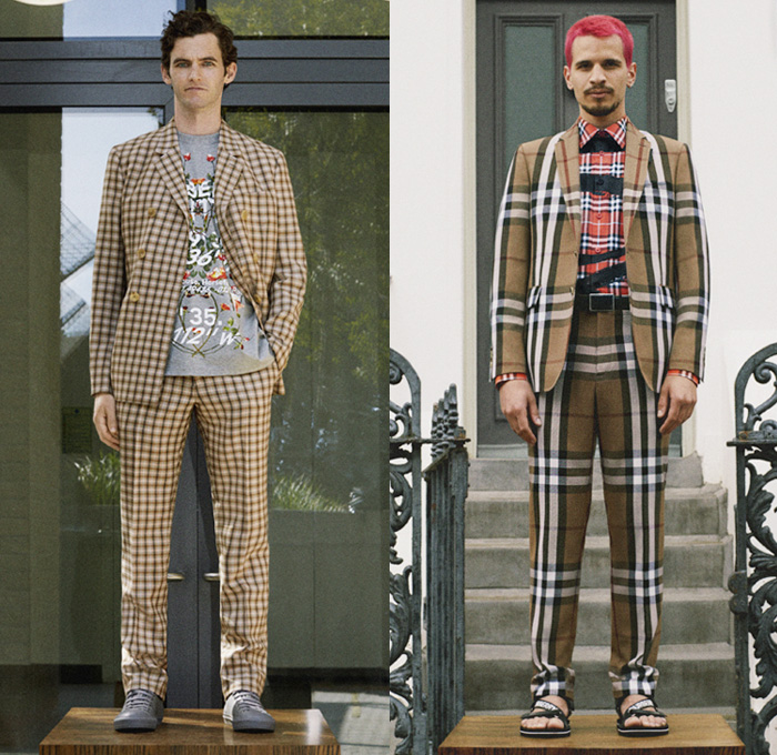 Burberry 2021 Resort Cruise Pre-Spring Mens Lookbook Presentation - Riccardo Tisci - Hoodie Outerwear Coat Parka Check Plaid Stripes Quilted Puffer Suit Blazer English Roses Flowers Floral Shirt Fanny Pack Pouch Sandals 
