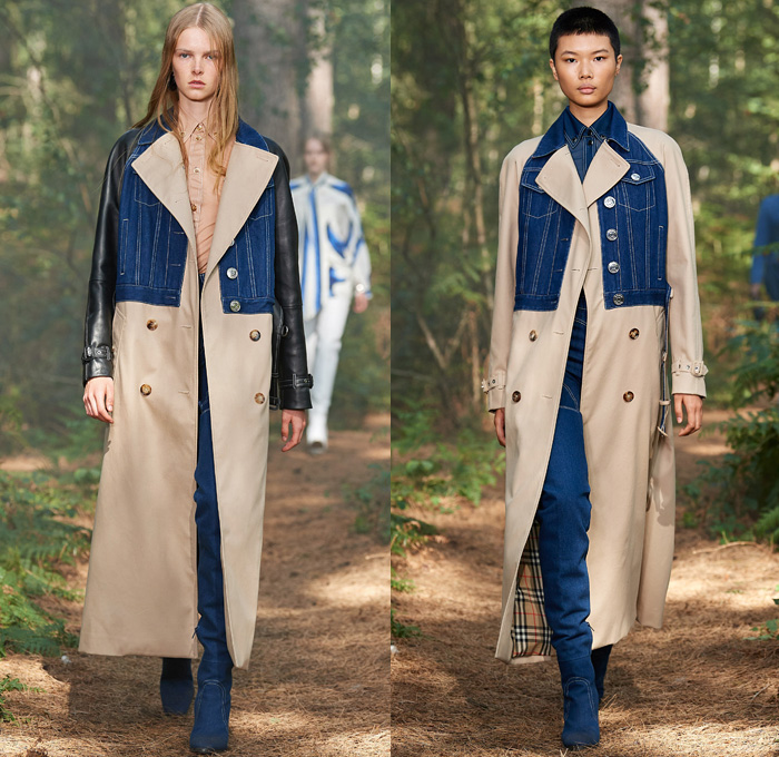 Burberry 2021 Spring Summer Womens Runway Catwalk Looks Collection - London Fashion Week Collections UK - Mermaid Shark Love Affair Illustration Patchwork Denim Jeans Trench Coat Parka Lumberjack Check Crop Top Midriff Knit Sweater Holes Sharks Mermaid Tabard Vest Lace Fishnet Mesh Crystals Gems Bedazzled Onesie Overalls Jumpsuit Sheer Tulle Ruffles Pleats Cape Oversleeve Draped Wrap Cinch Dress Double Frame Sunglasses Thigh High Boots Handbag Clutch Ear Neck Flap Hat