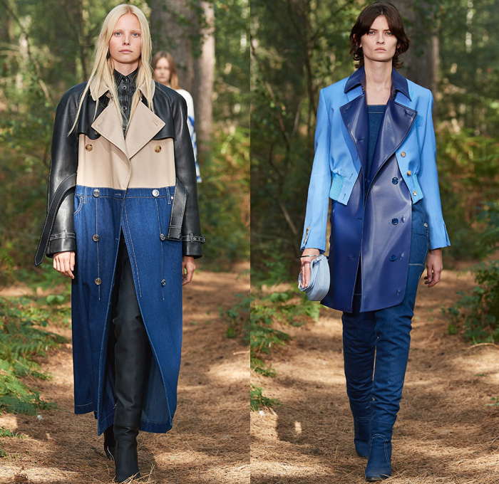 Burberry 2021 Spring Summer Womens Runway Catwalk Looks Collection - London Fashion Week Collections UK - Mermaid Shark Love Affair Illustration Patchwork Denim Jeans Trench Coat Parka Lumberjack Check Crop Top Midriff Knit Sweater Holes Sharks Mermaid Tabard Vest Lace Fishnet Mesh Crystals Gems Bedazzled Onesie Overalls Jumpsuit Sheer Tulle Ruffles Pleats Cape Oversleeve Draped Wrap Cinch Dress Double Frame Sunglasses Thigh High Boots Handbag Clutch Ear Neck Flap Hat