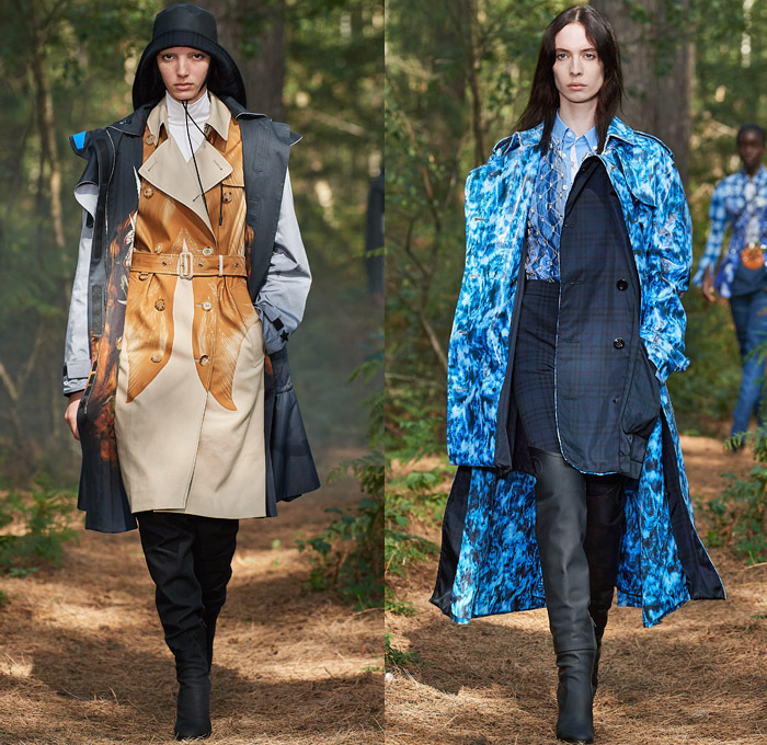 Burberry 2021 Spring Summer Womens Runway Catwalk Looks Collection - London Fashion Week Collections UK - Mermaid Shark Love Affair Illustration Patchwork Denim Jeans Trench Coat Parka Lumberjack Check Crop Top Midriff Knit Sweater Holes Sharks Mermaid Tabard Vest Lace Fishnet Mesh Crystals Gems Bedazzled Onesie Overalls Jumpsuit Sheer Tulle Ruffles Pleats Cape Oversleeve Draped Wrap Cinch Dress Double Frame Sunglasses Thigh High Boots Handbag Clutch Ear Neck Flap Hat