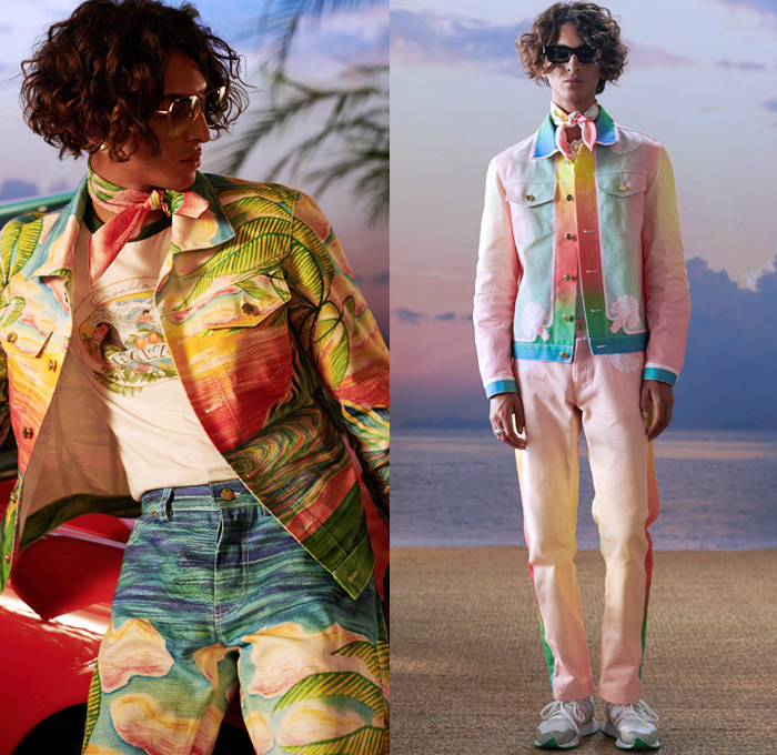 Casablanca Paris 2021 Spring Summer Mens Lookbook Presentation - Charaf Tajer - After The Rain Comes The Rainbow - Hawaii Aloha State Landscape Painting Print Tropical Palm Trees Ship Surfers Stripes Ombré Silk Scarf Tennis Sportswear Shirt Sweater Safari Jacket Cargo Pockets Plaid Check Suit Blazer Logo-Mania Bomber Quilted Puffer Wide Leg Denim Jeans Shorts Trainers Sneakers