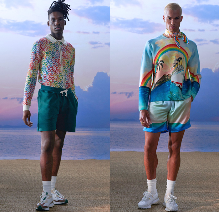 Casablanca Paris 2021 Spring Summer Mens Lookbook Presentation - Charaf Tajer - After The Rain Comes The Rainbow - Hawaii Aloha State Landscape Painting Print Tropical Palm Trees Ship Surfers Stripes Ombré Silk Scarf Tennis Sportswear Shirt Sweater Safari Jacket Cargo Pockets Plaid Check Suit Blazer Logo-Mania Bomber Quilted Puffer Wide Leg Denim Jeans Shorts Trainers Sneakers