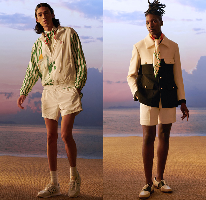 Casablanca Paris 2021 Spring Summer Mens Lookbook Presentation - Charaf Tajer - After The Rain Comes The Rainbow - Hawaii Aloha State Landscape Painting Print Tropical Palm Trees Ship Surfers Stripes Ombré Silk Scarf Tennis Sportswear Shirt Sweater Safari Jacket Cargo Pockets Plaid Check Suit Blazer Logo-Mania Bomber Quilted Puffer Wide Leg Denim Jeans Shorts Trainers Sneakers