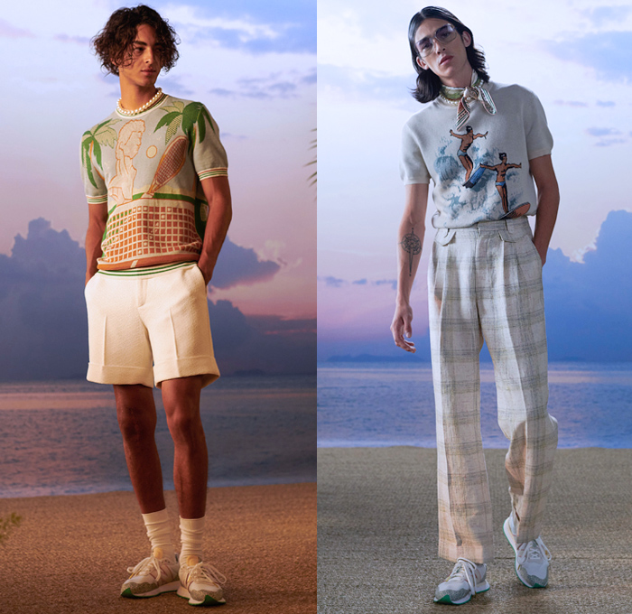 Casablanca Paris 2021 Spring Summer Mens Lookbook Presentation - Charaf Tajer - After The Rain Comes The Rainbow - Hawaii Aloha State Landscape Painting Print Tropical Palm Trees Ship Surfers Stripes Ombré Silk Scarf Tennis Sportswear Shirt Sweater Safari Jacket Cargo Pockets Plaid Check Suit Blazer Logo-Mania Bomber Quilted Puffer Wide Leg Denim Jeans Shorts Trainers Sneakers