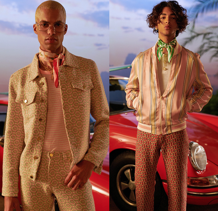 Casablanca Paris 2021 Spring Summer Mens Lookbook Presentation - Charaf Tajer - After The Rain Comes The Rainbow - Hawaii Aloha State Landscape Painting Print Tropical Palm Trees Ship Surfers Stripes Ombré Silk Scarf Tennis Sportswear Shirt Sweater Safari Jacket Cargo Pockets Plaid Check Suit Blazer Logo-Mania Bomber Quilted Puffer Wide Leg Denim Jeans Shorts Trainers Sneakers