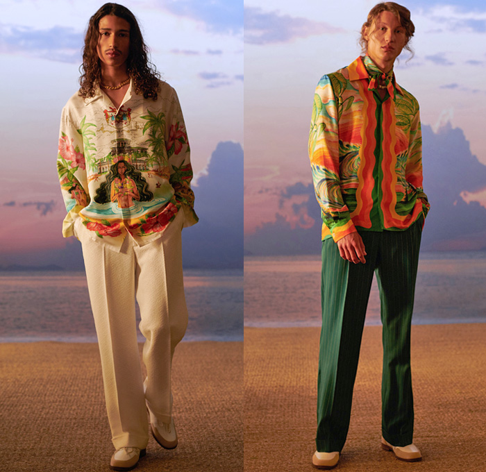 Casablanca Paris 2021 Spring Summer Mens Lookbook Presentation - Charaf Tajer - After The Rain Comes The Rainbow - Hawaii Aloha State Landscape Painting Print Tropical Palm Trees Ship Surfers Stripes Ombré Silk Scarf Tennis Sportswear Shirt Sweater Safari Jacket Cargo Pockets Plaid Check Suit Blazer Logo-Mania Bomber Quilted Puffer Wide Leg Denim Jeans Shorts Trainers Sneakers