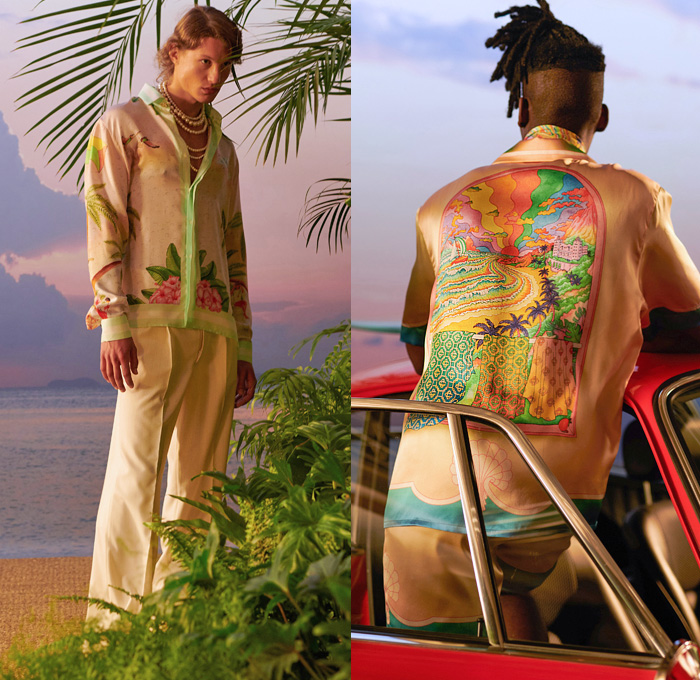 Casablanca Paris 2021 Spring Summer Mens Lookbook Presentation - Charaf Tajer - After The Rain Comes The Rainbow - Hawaii Aloha State Landscape Painting Print Tropical Palm Trees Ship Surfers Stripes Ombré Silk Scarf Tennis Sportswear Shirt Sweater Safari Jacket Cargo Pockets Plaid Check Suit Blazer Logo-Mania Bomber Quilted Puffer Wide Leg Denim Jeans Shorts Trainers Sneakers