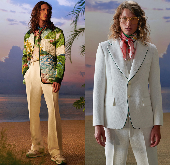 Casablanca Paris 2021 Spring Summer Mens Lookbook Presentation - Charaf Tajer - After The Rain Comes The Rainbow - Hawaii Aloha State Landscape Painting Print Tropical Palm Trees Ship Surfers Stripes Ombré Silk Scarf Tennis Sportswear Shirt Sweater Safari Jacket Cargo Pockets Plaid Check Suit Blazer Logo-Mania Bomber Quilted Puffer Wide Leg Denim Jeans Shorts Trainers Sneakers