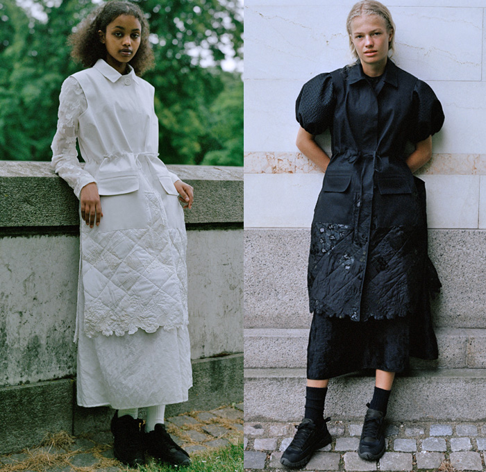 Cecilie Bahnsen 2021 Resort Cruise Pre-Spring Womens Lookbook Presentation - White Prairie Peasant Dress Poufy Shoulders Puff Balloon Bloated Sleeves Mesh Patchwork Lattice Flowers Floral Embroidery Sheer Tulle Hybrid Knit Weave Quilted Corset Peplum Tabard Cargo Utility Pockets Destroyed Holes Jacquard Brocade Sleeveless Vest Bedazzled Drawstring Noodle Strap Trainers Sneakers